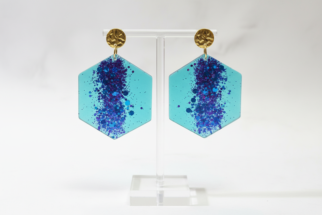 Ocean Galaxy Hexagon Resin Earrings – Blue & Purple Glitter Statement Earrings with Gold Studs | Handmade by DesignedByRisha