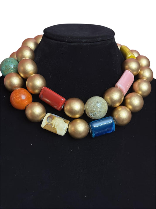 Colorful Statement Necklace – Chunky Gold and Ceramic Beaded Jewelry – Bold Boho Necklace – Handmade Mixed Bead Choker – Artistic Gift for H