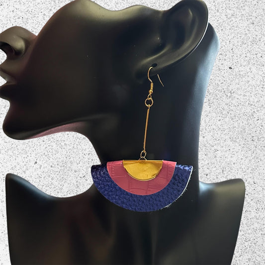 Gold Royal Blue Pink Faux Leather Handmade Statement Dangle Earrings