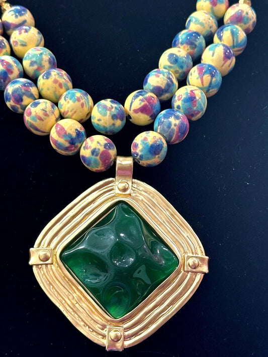 Ethnic Ceramic Bead Statement Necklace – Chunky Handmade Jewelry with Green Pendant – Bold Artistic Necklace – Tribal Neckwear by Risha