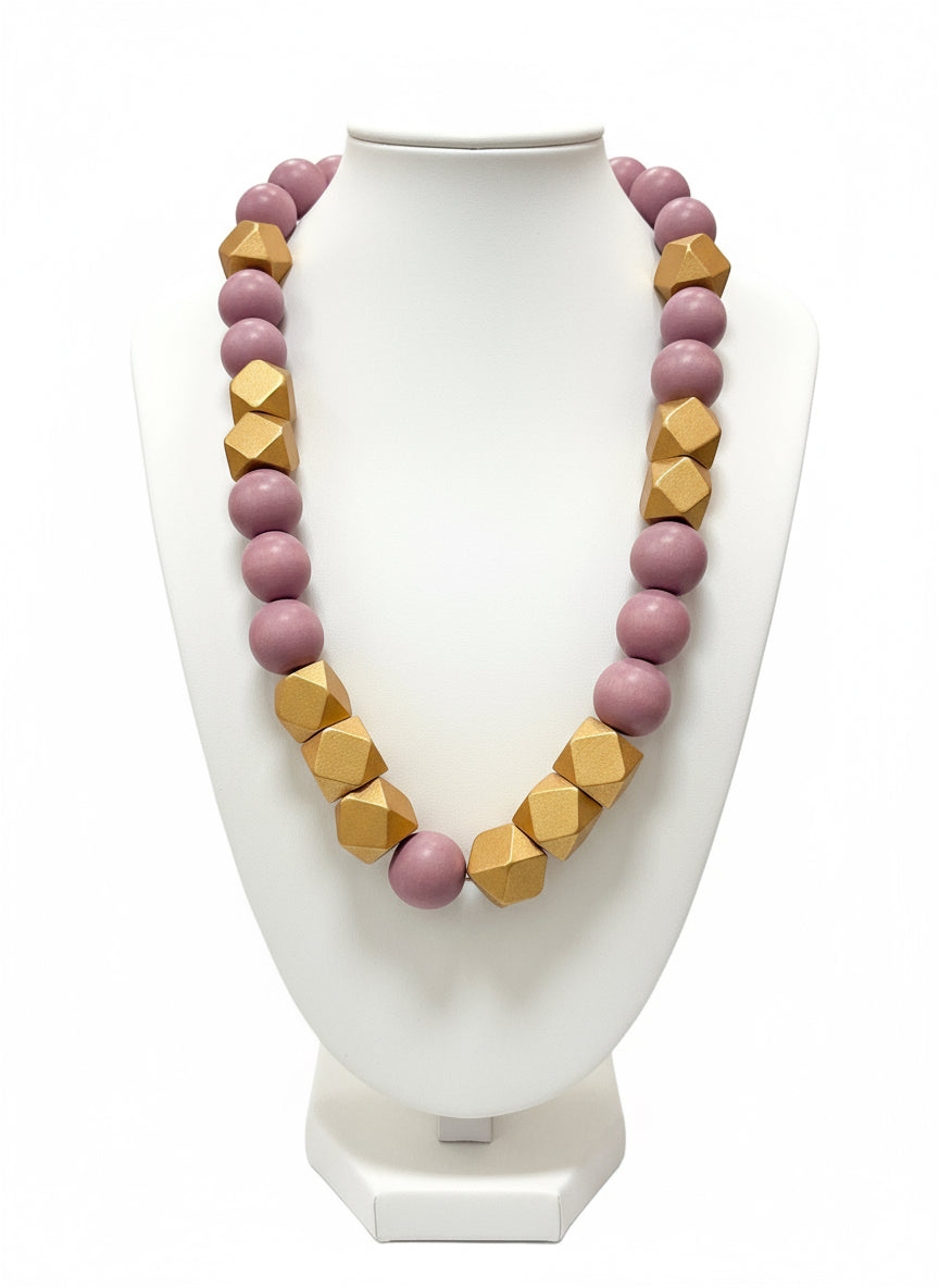 Purple and Gold Wood Necklace- Long Chunky Fashion Jewelry