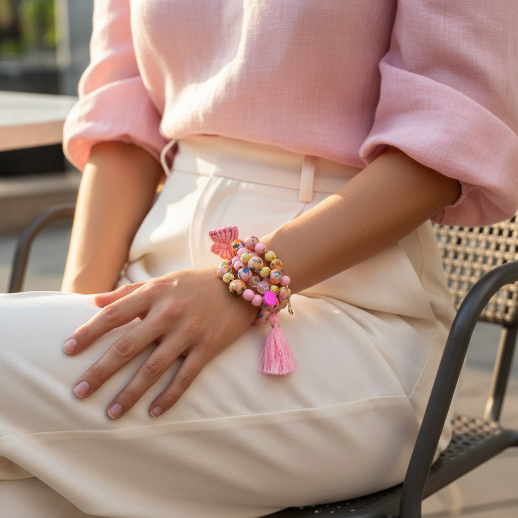 Colorful beaded bracelet with a pink butterfly charm on a white background