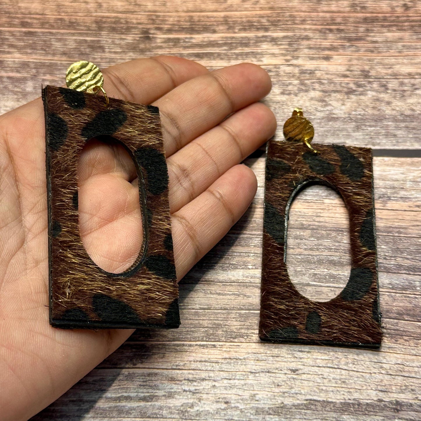 Brown Leopard Print Fur Earrings: Gold Wood Jewelry for Her