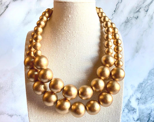 Gold Wooden Statement Necklace – Chunky Beaded Choker – Handmade Multi-Strand Jewelry – Boho Gift for Her