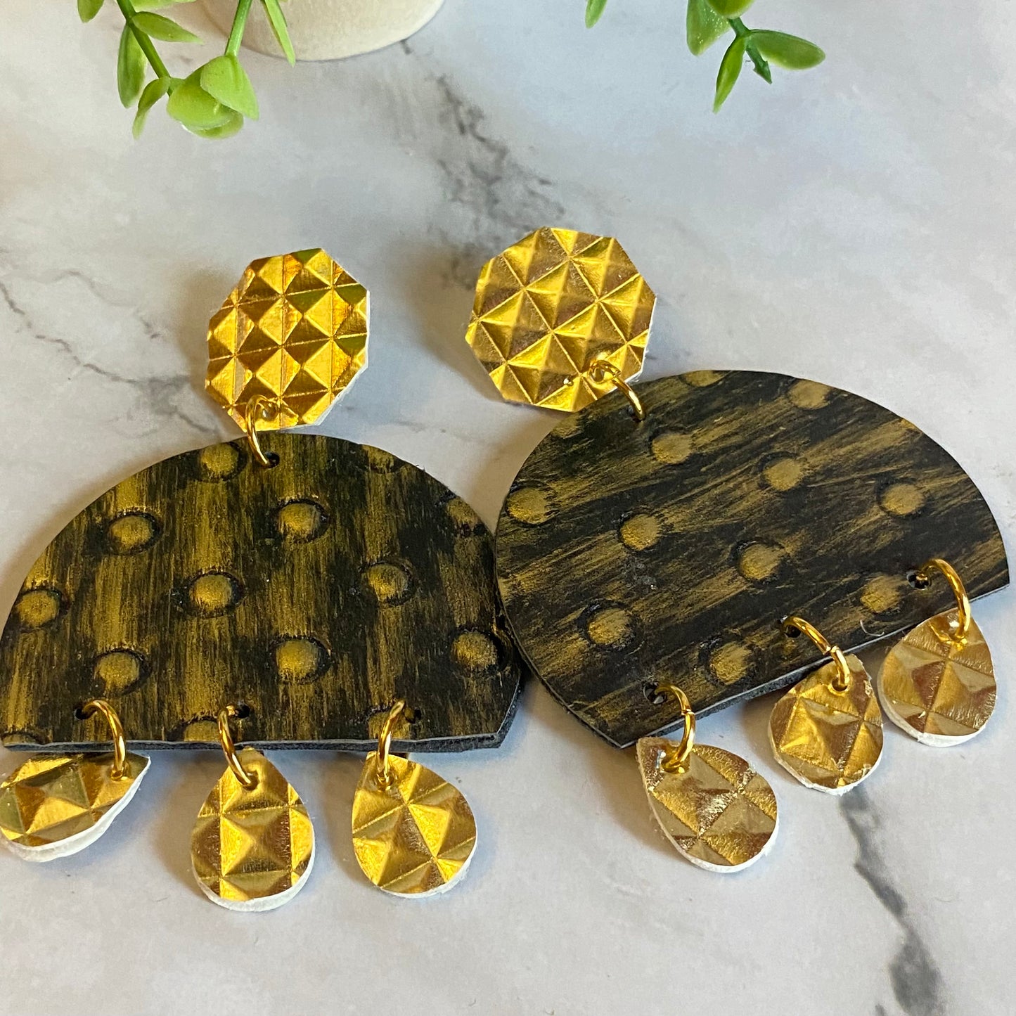 Gold Textured Leather Dangle Earrings - Spring Summer Jewelry