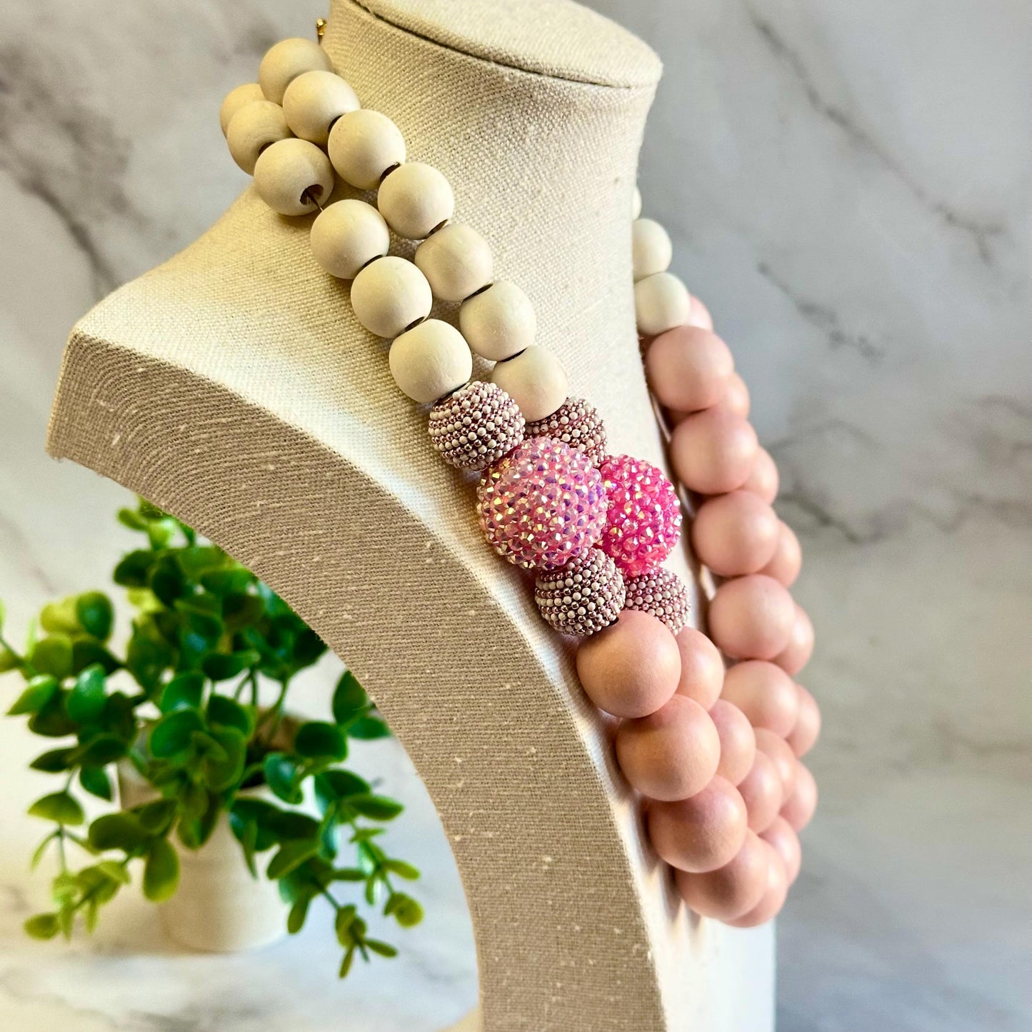 PREORDER Pink and White Wood Beaded Fashion Necklace: Chunky Statement Necklace for Women