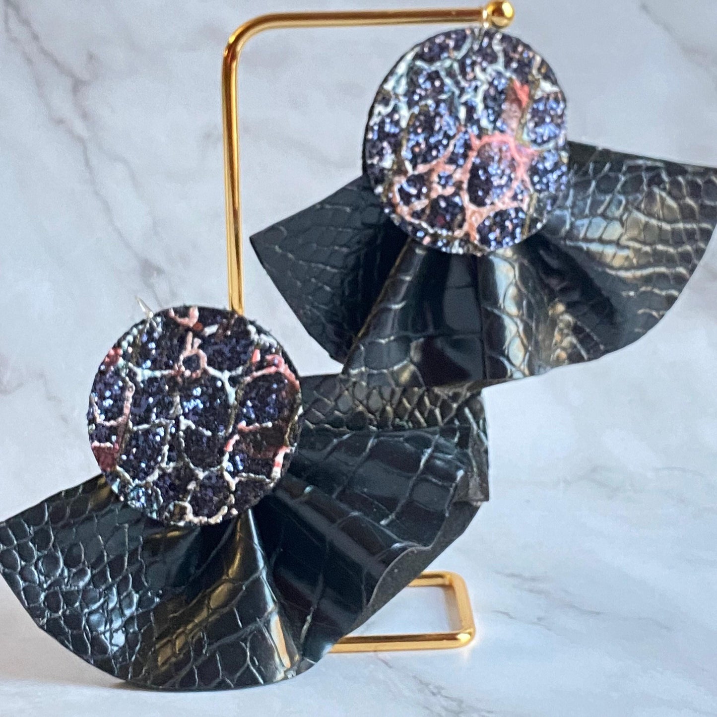 Black Ruffle Faux Leather Oversized Earrings - Bold Statement Jewelry