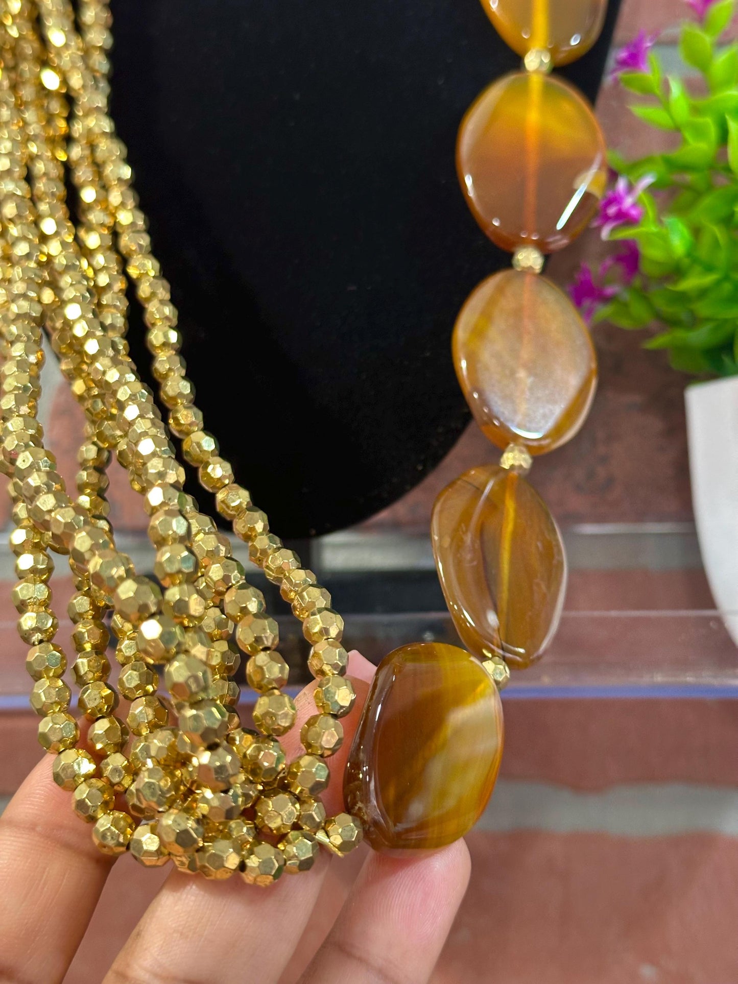 Brown Agate Statement Necklace Layered with Gold Beads, Wedding Formal Jewelry Set
