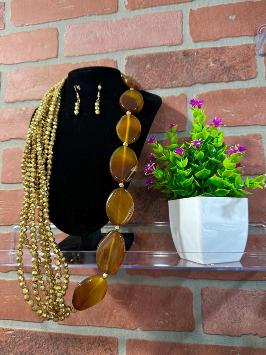 Brown Agate Statement Necklace Layered with Gold Beads, Wedding Formal Jewelry Set
