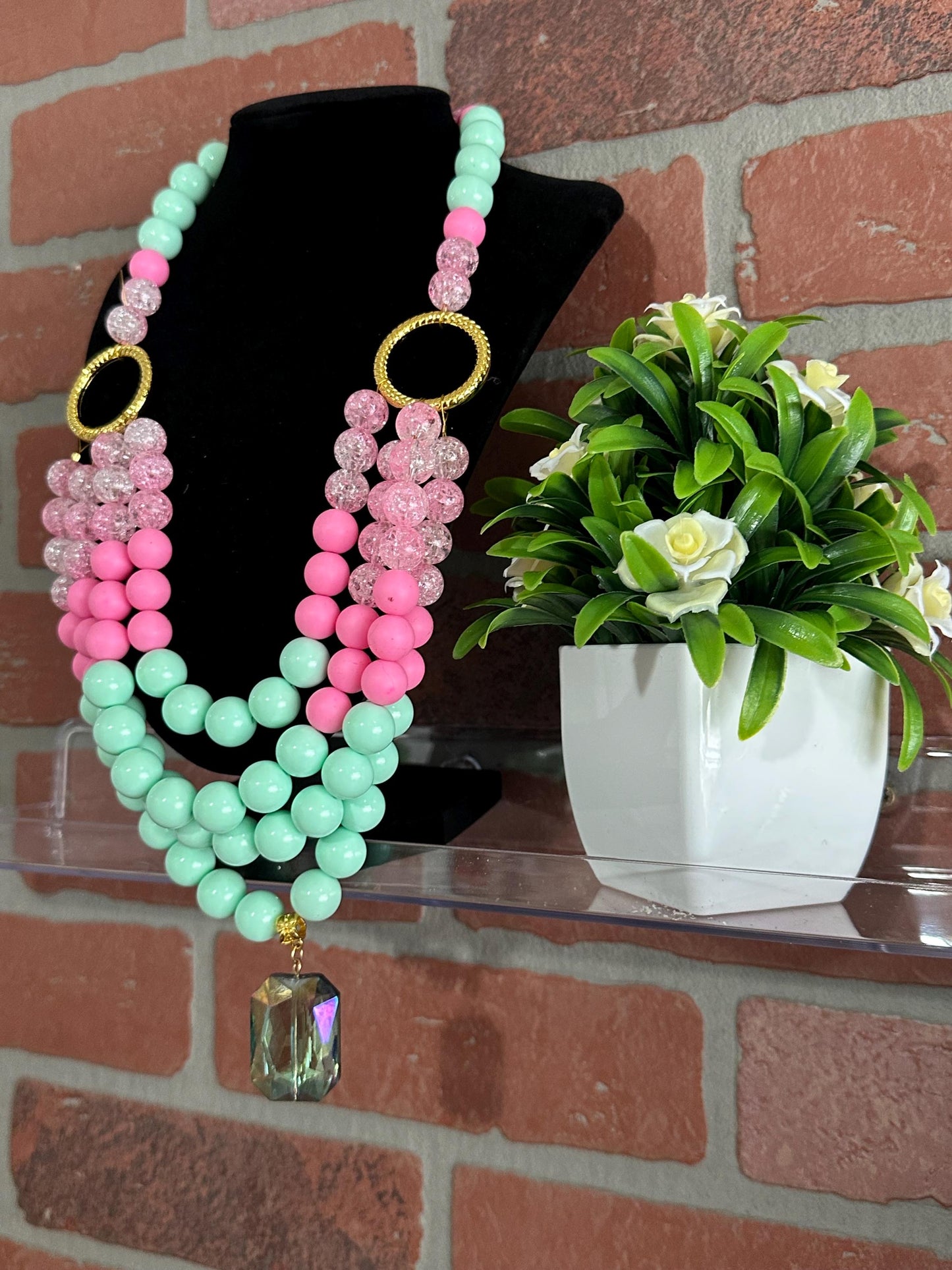 Pink & Green Beaded Necklace with Gold Rings