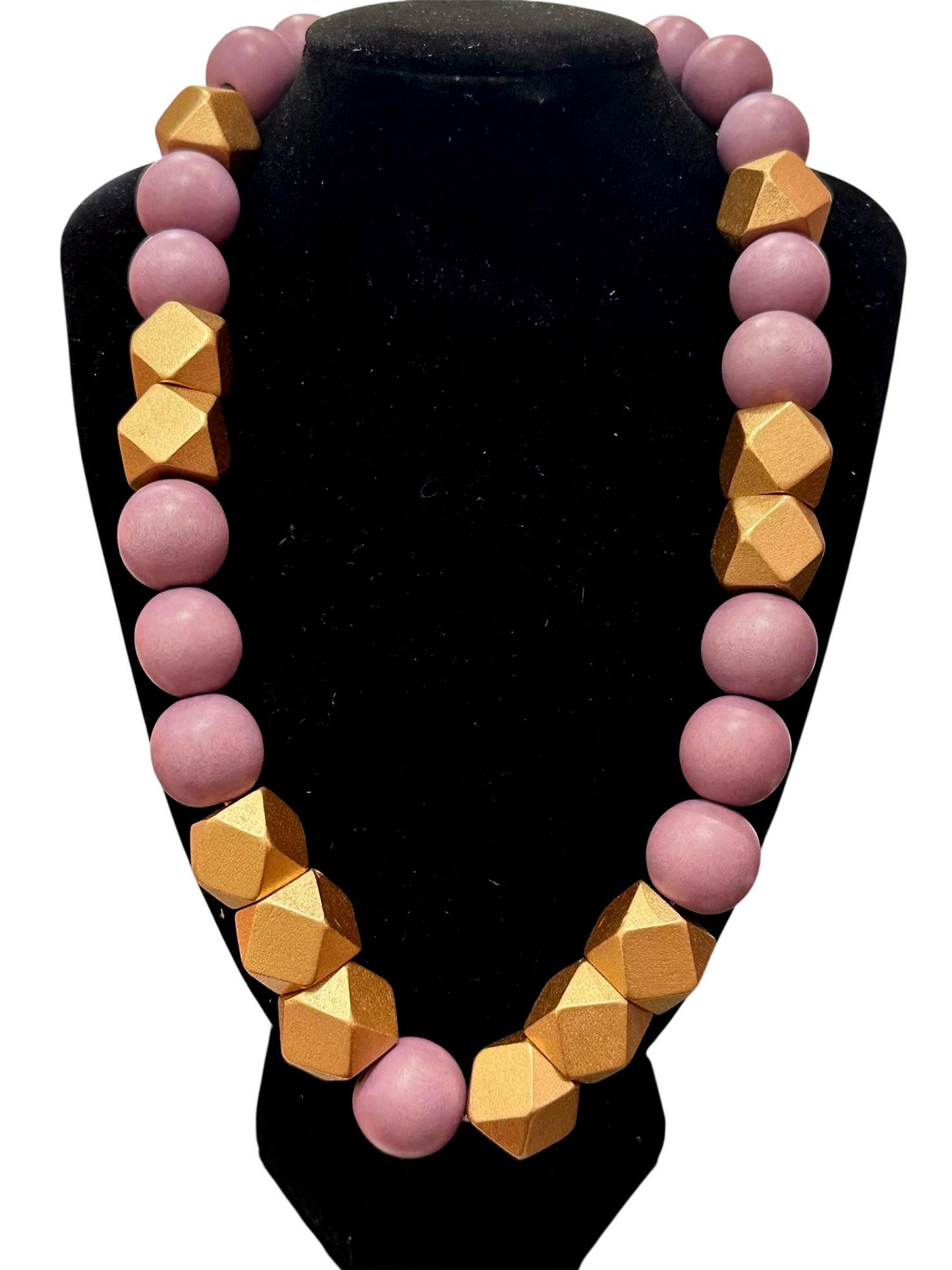 Long Purple and Gold Wood, Chunky Statement Necklace