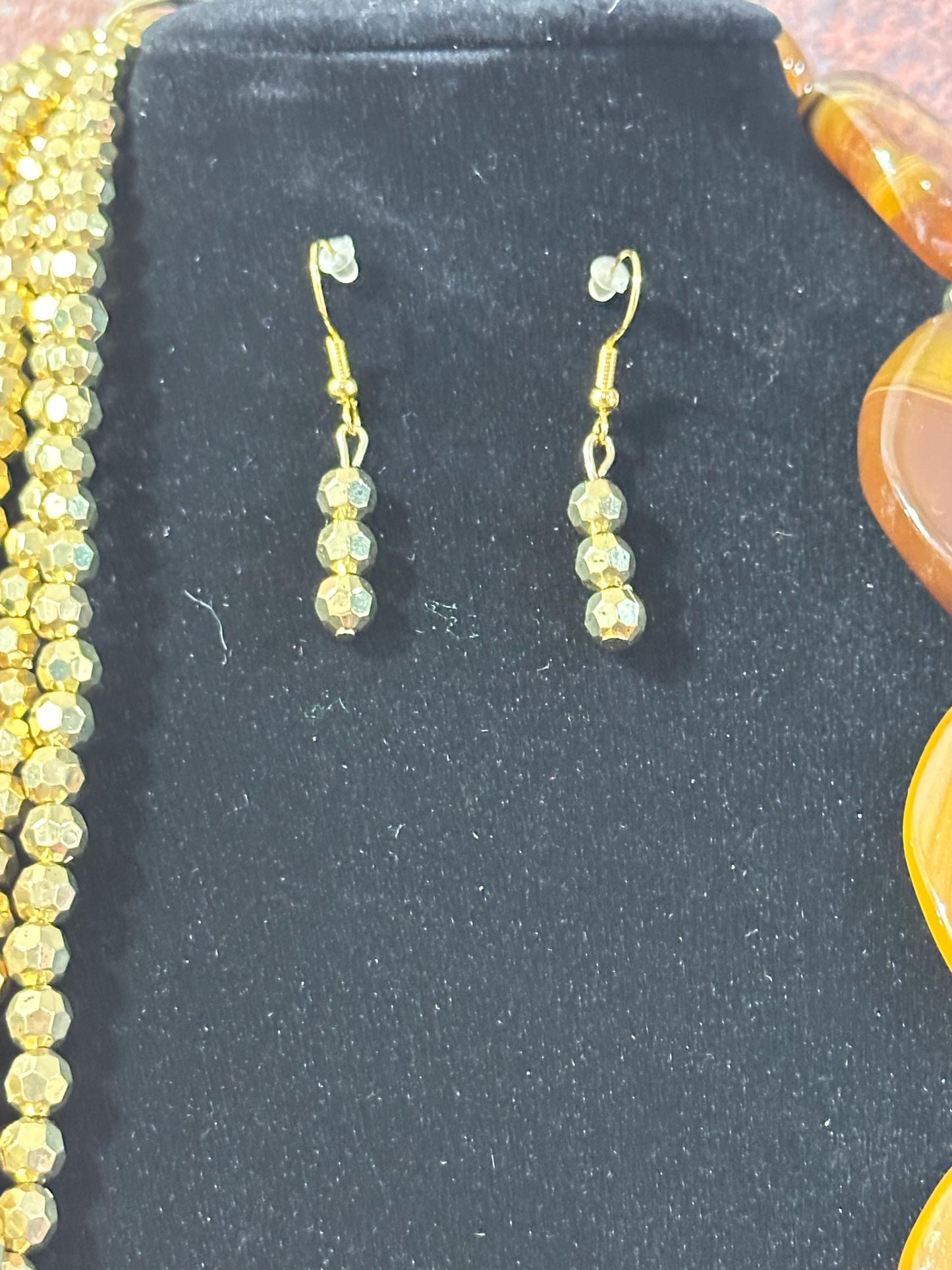 Brown Agate Statement Necklace Layered with Gold Beads, Wedding Formal Jewelry Set