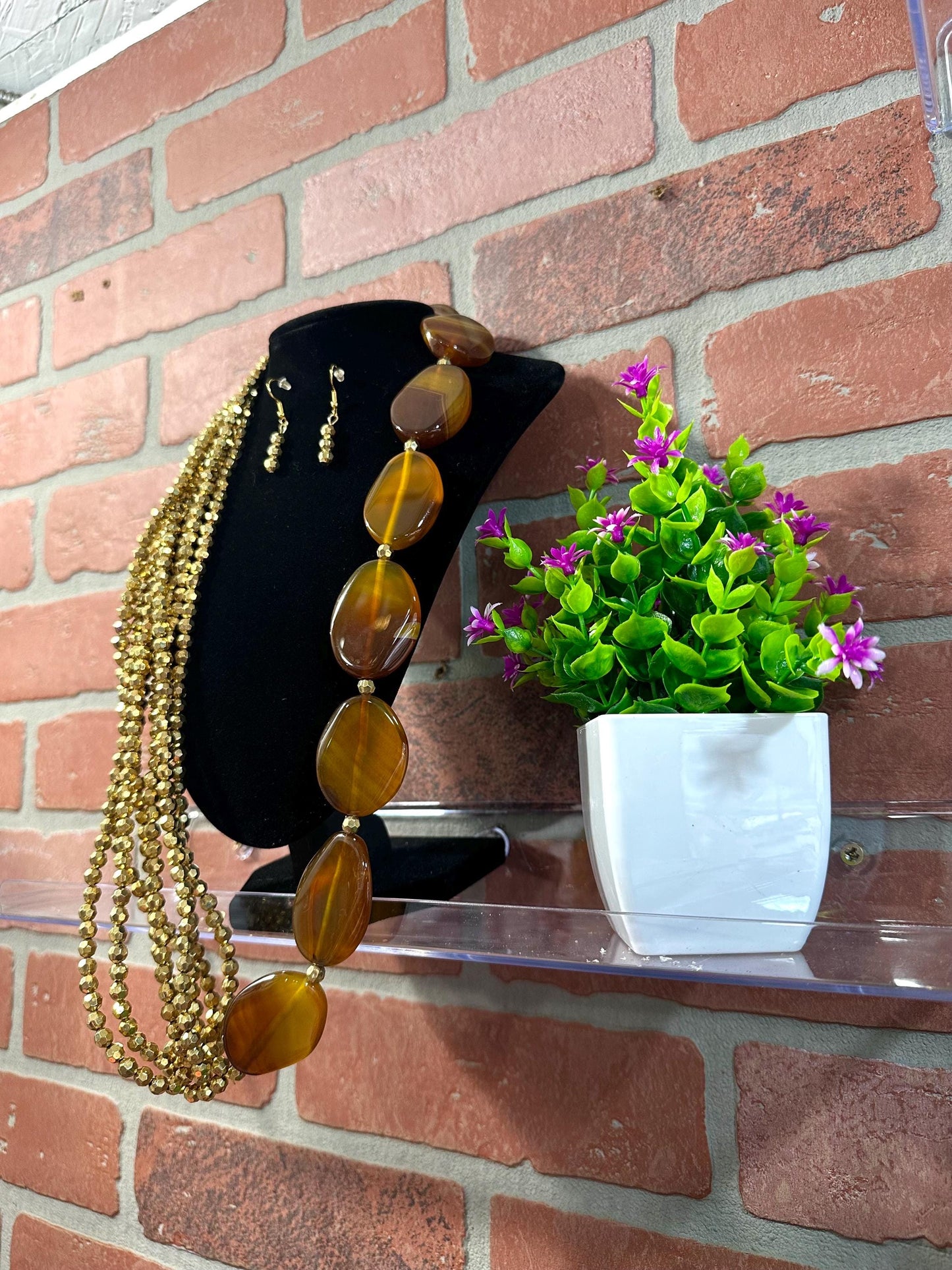 Brown Agate Statement Necklace Layered with Gold Beads, Wedding Formal Jewelry Set