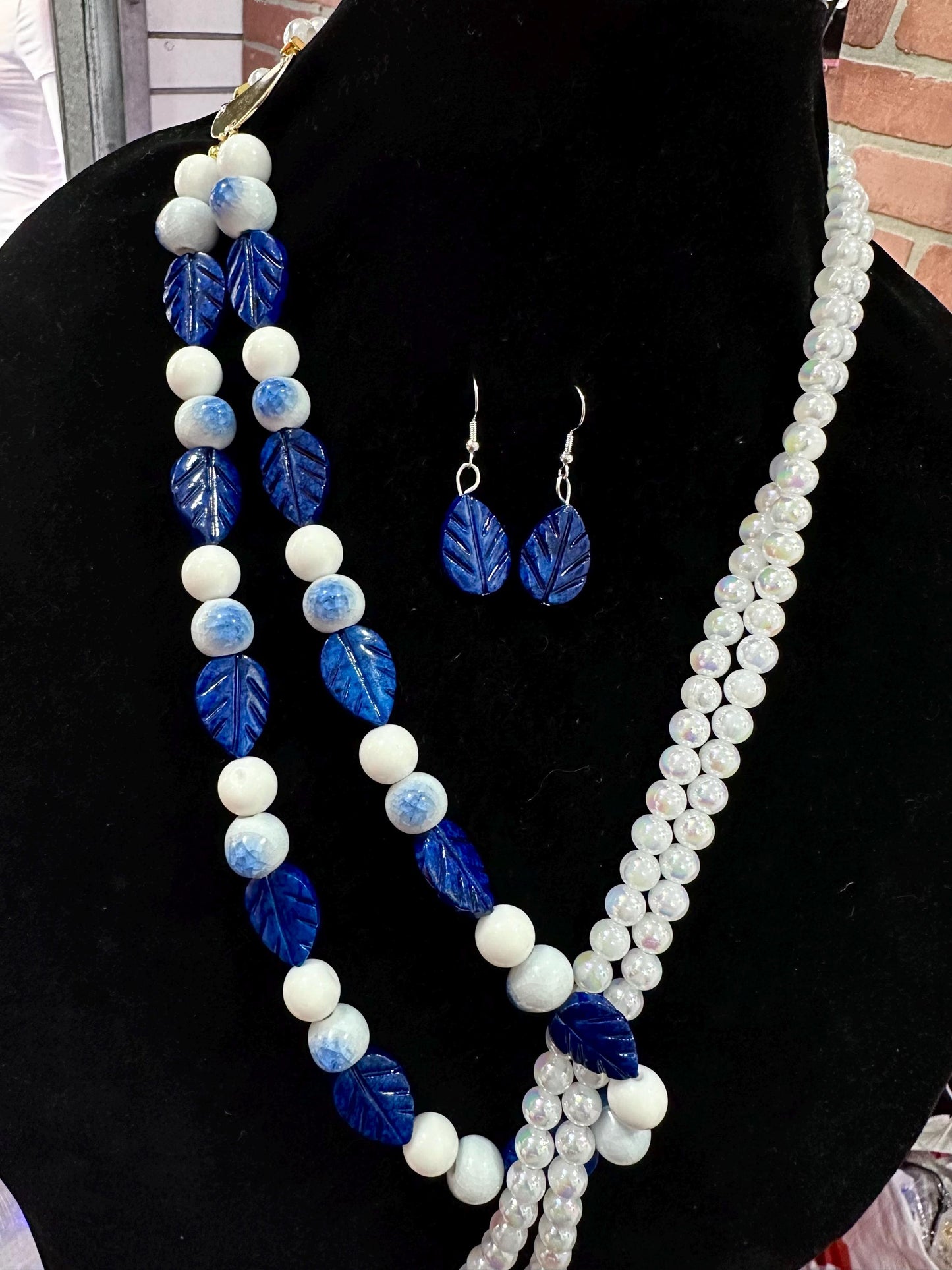 Women’s White and Blue Long Necklace Set | Vintage Pearl, Leaf Bead Jewelry