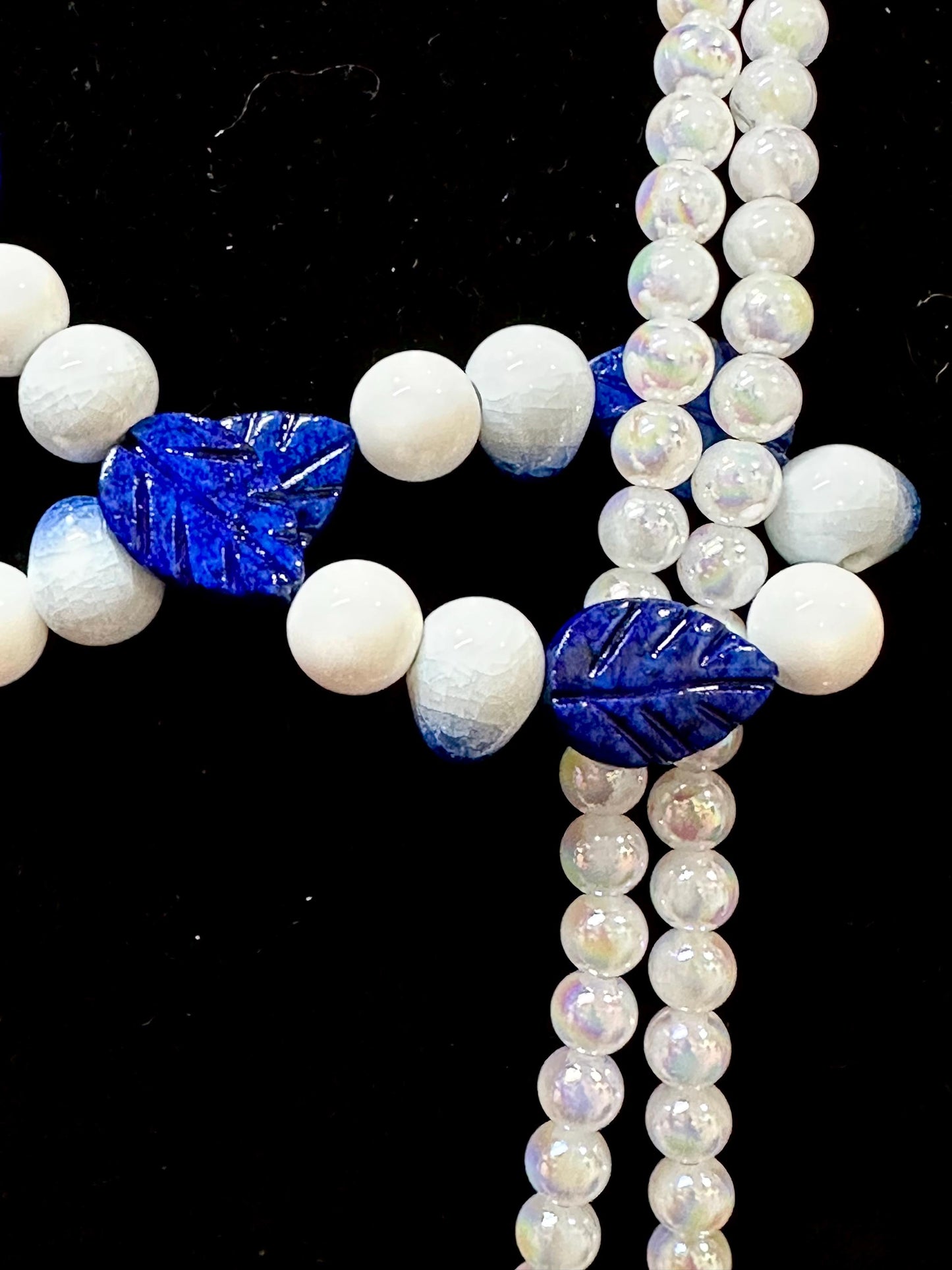 Women’s White and Blue Long Necklace Set | Vintage Pearl, Leaf Bead Jewelry