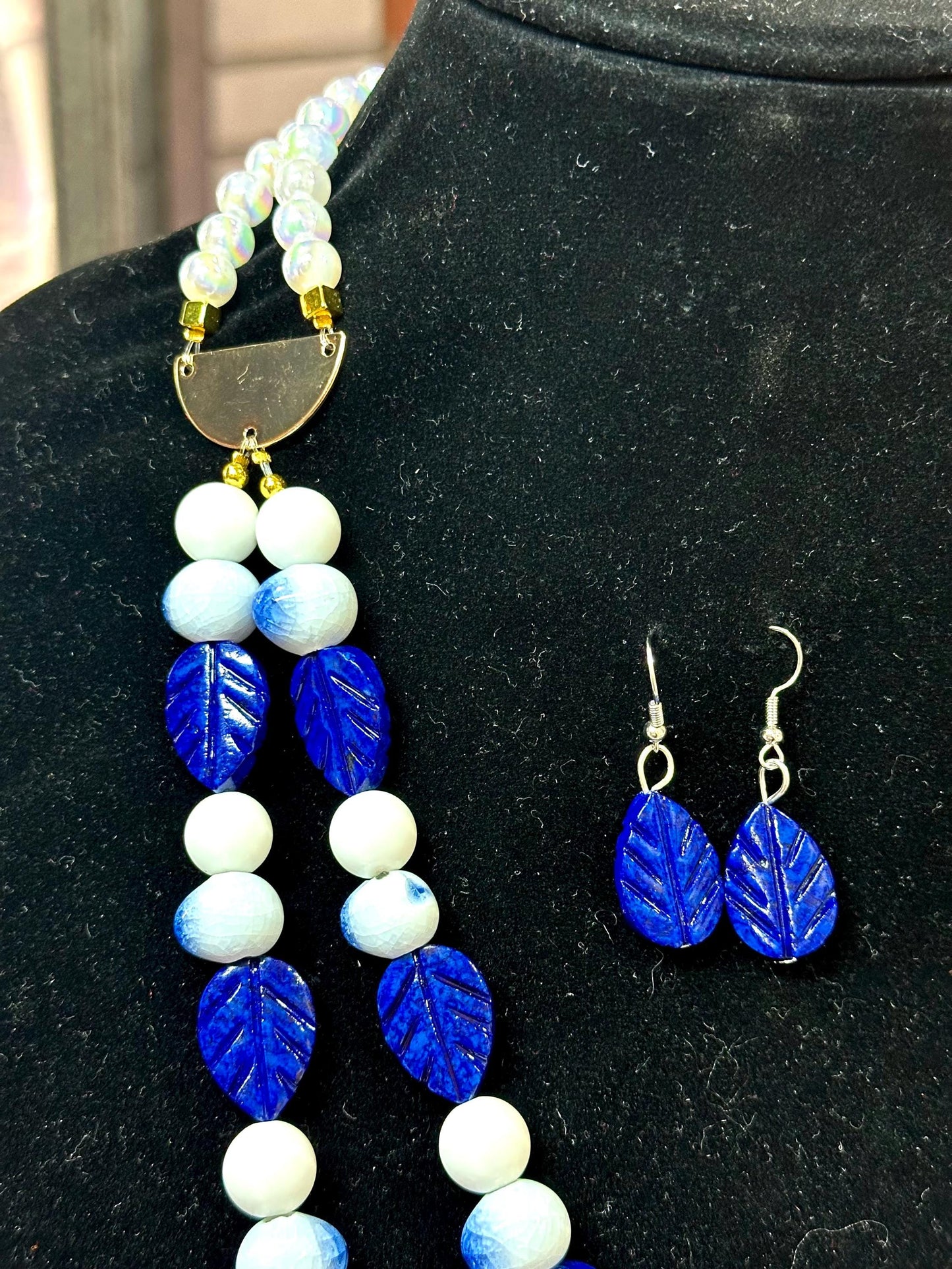 Women’s White and Blue Long Necklace Set | Vintage Pearl, Leaf Bead Jewelry