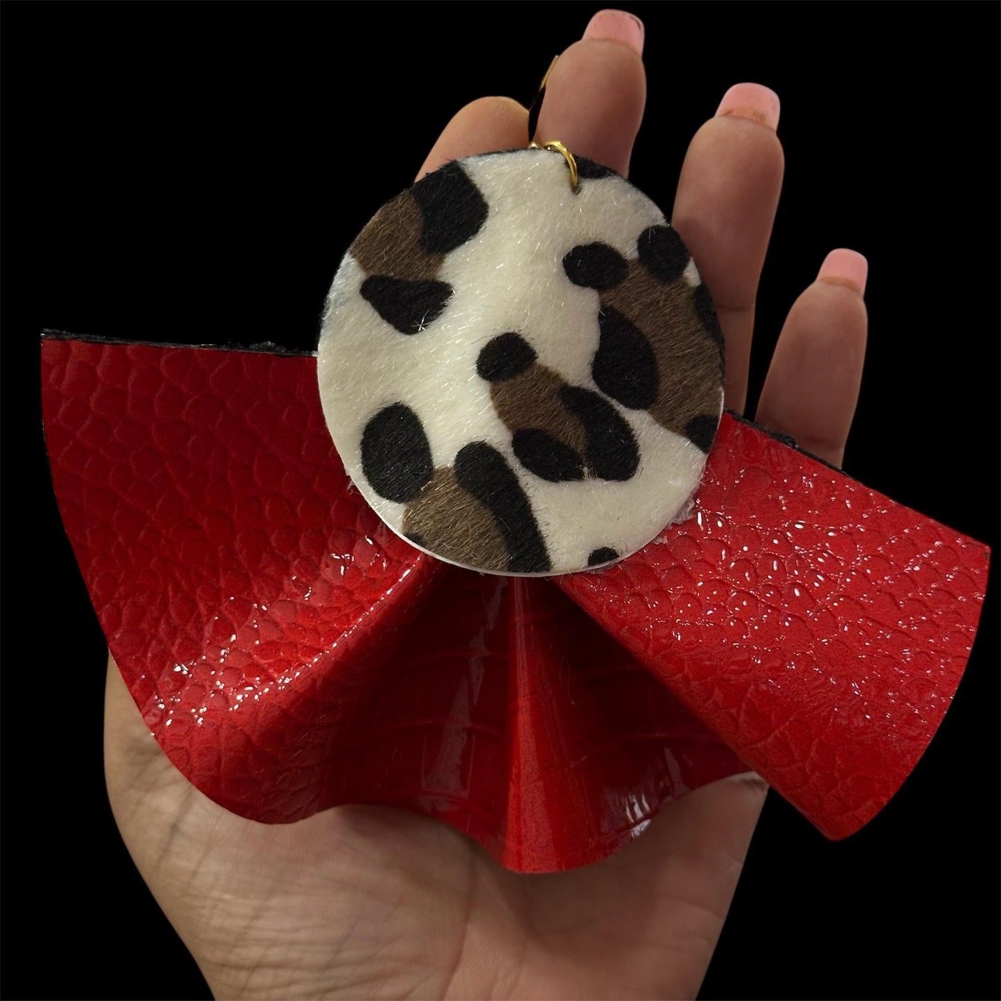 Red Croc & Leopard Oversized Ruffle Fan Leather Earrings