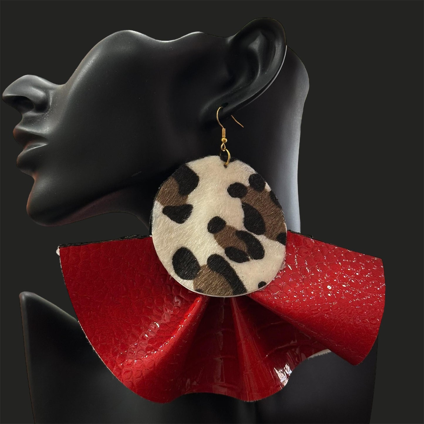 Red Croc & Leopard Oversized Ruffle Fan Leather Earrings