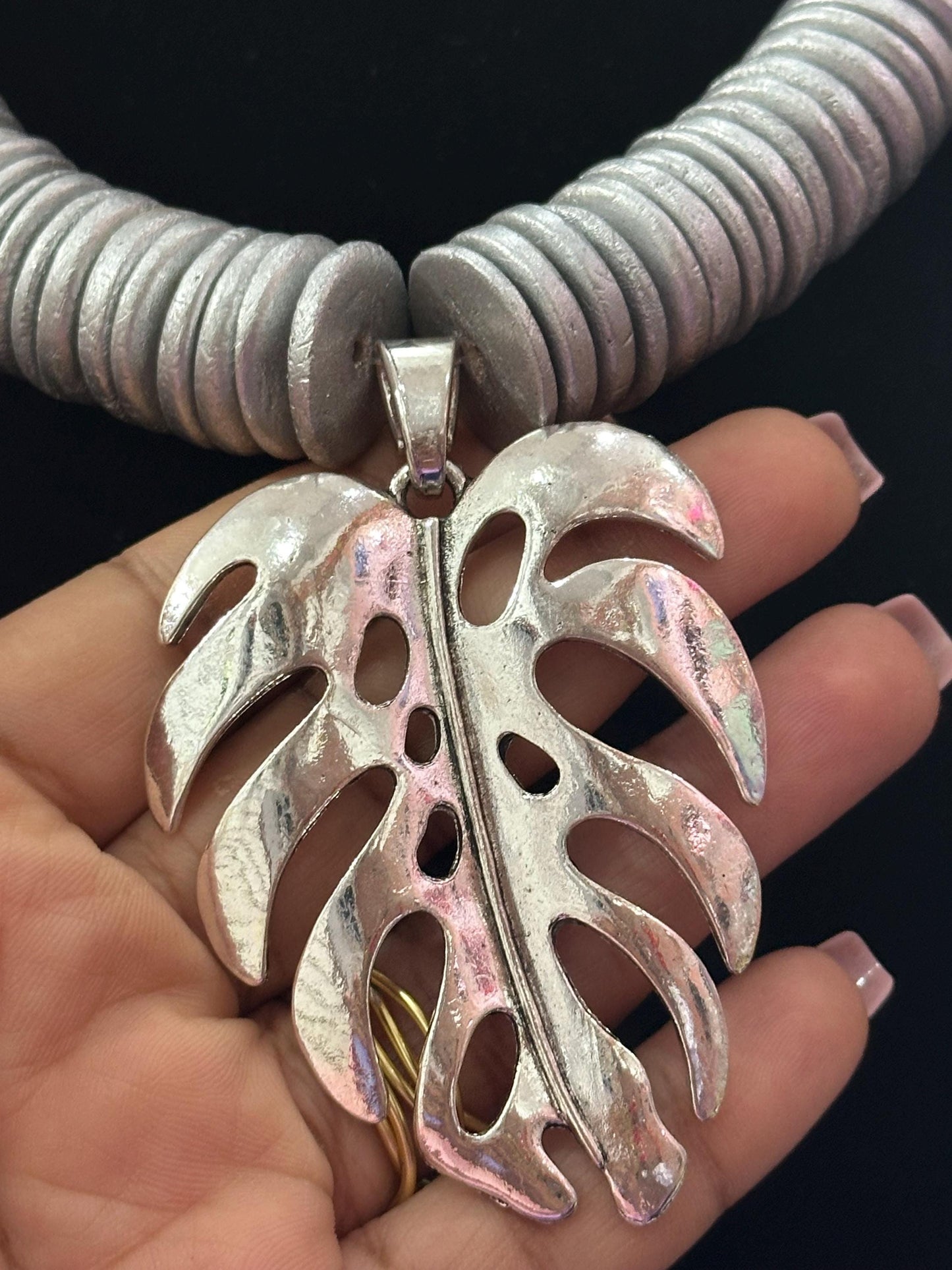 Silver Wood Beaded Necklace with Monstera Leaf Pendant - Metallic Shiny Chunky Jewelry