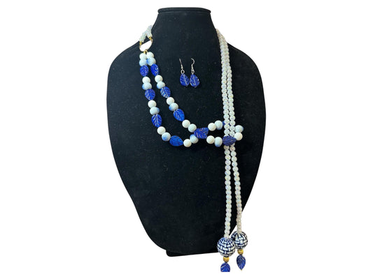 Women’s White and Blue Long Necklace Set | Vintage Pearl, Leaf Bead Jewelry