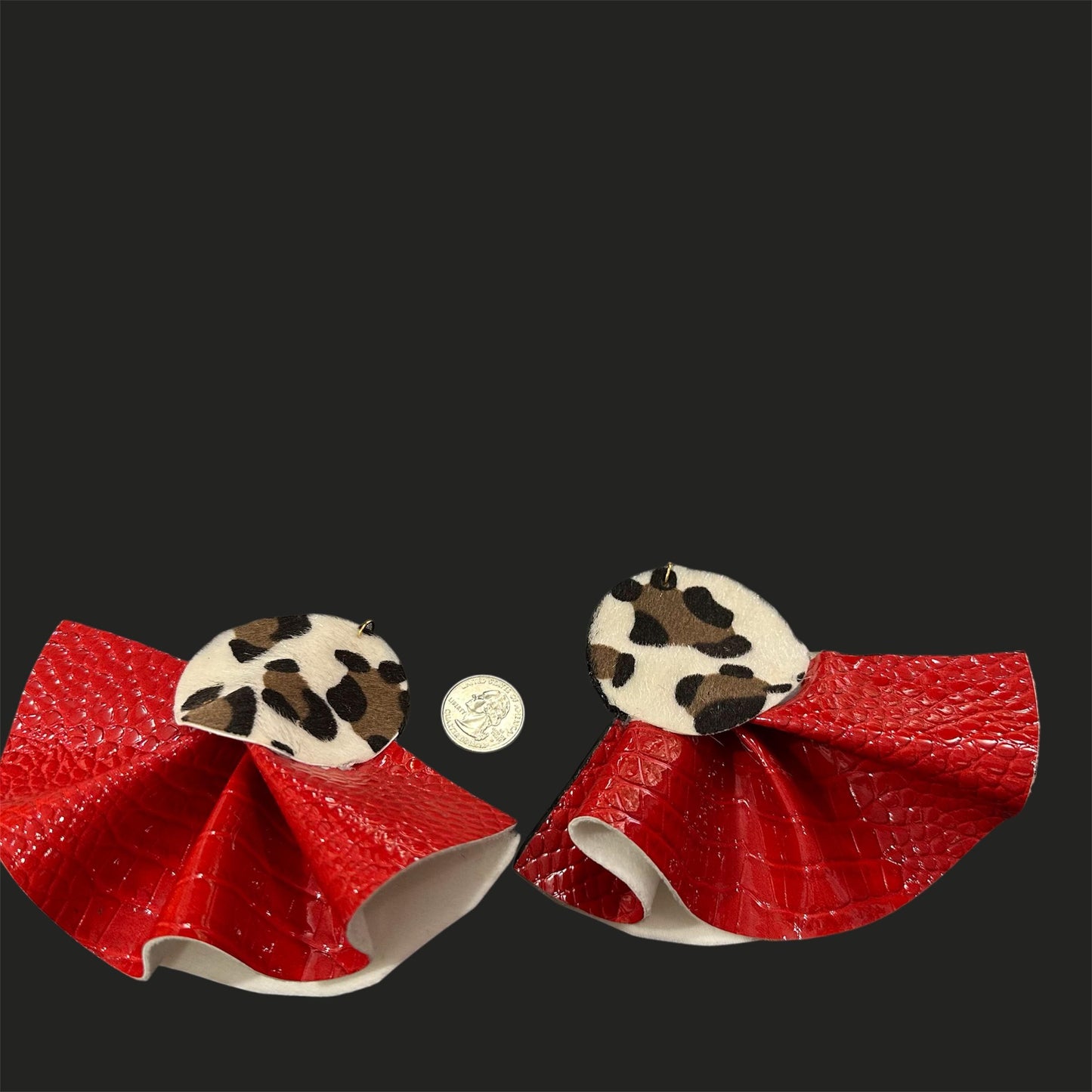 Red Croc & Leopard Oversized Ruffle Fan Leather Earrings