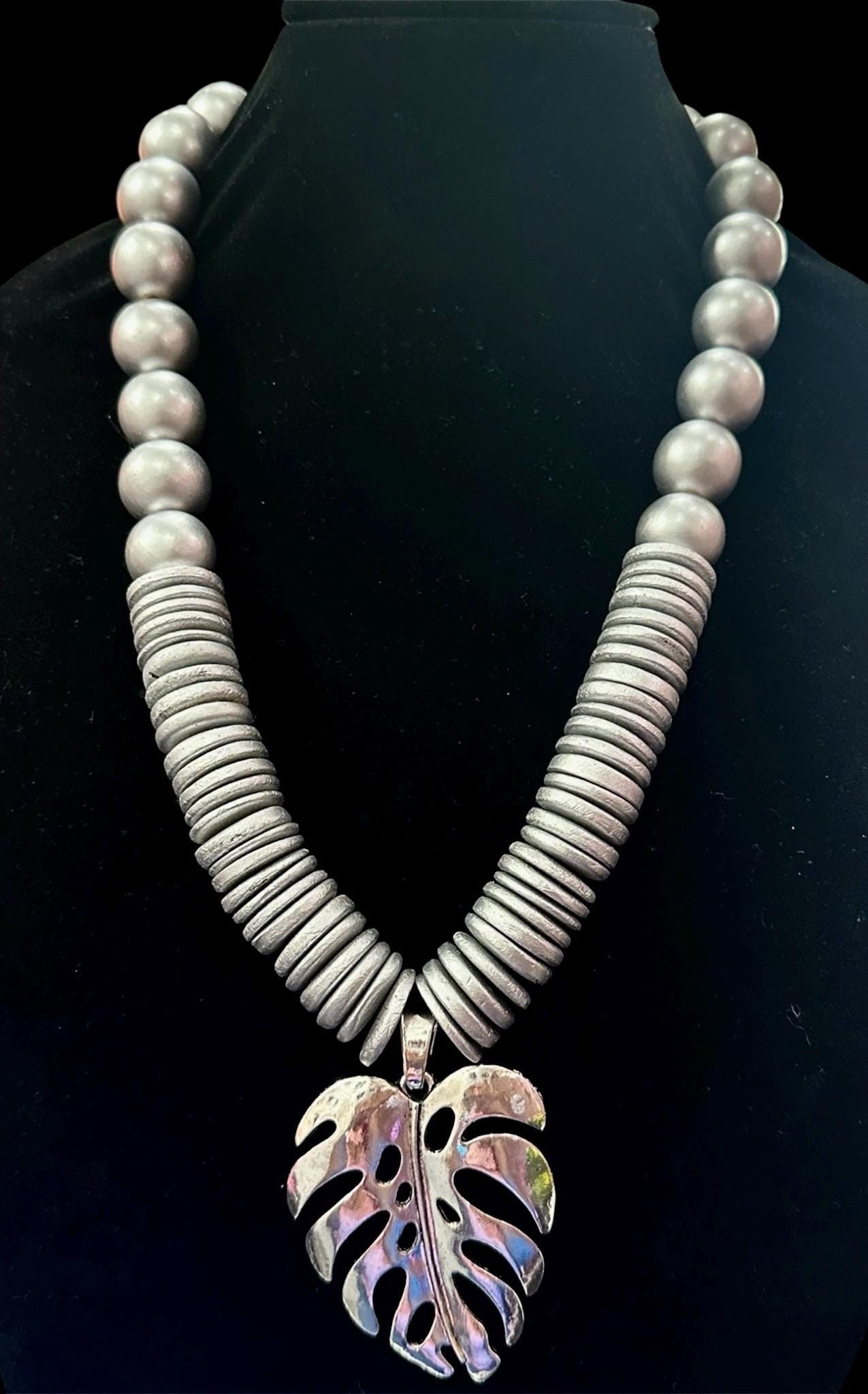 Silver Wood Beaded Necklace with Monstera Leaf Pendant - Metallic Shiny Chunky Jewelry