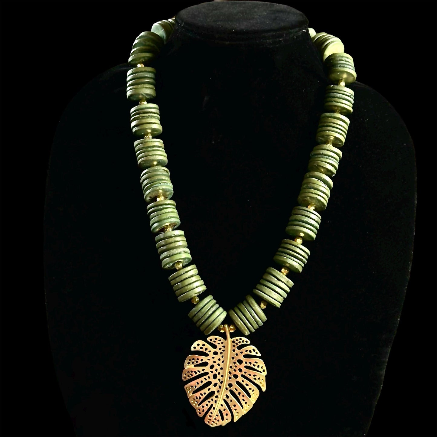 Green Coconut Shell Necklace: Chunky Wood Beads, Matte Gold Pendant