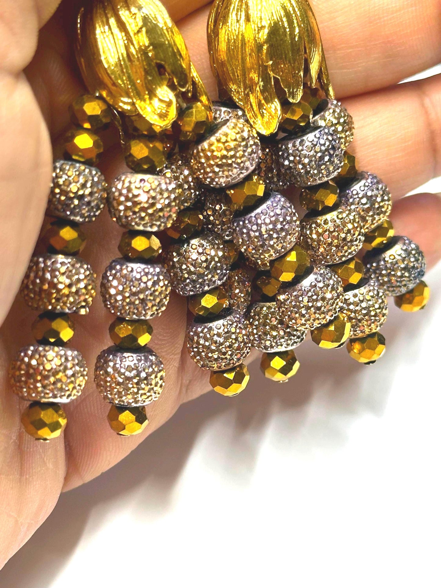 Gold Beaded Sparkly Earrings: Bold Formal Dangle Jewelry