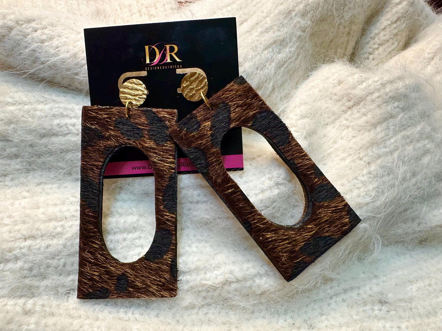 Brown Leopard Print Fur Earrings: Rectangular Wood, Jewelry for Her
