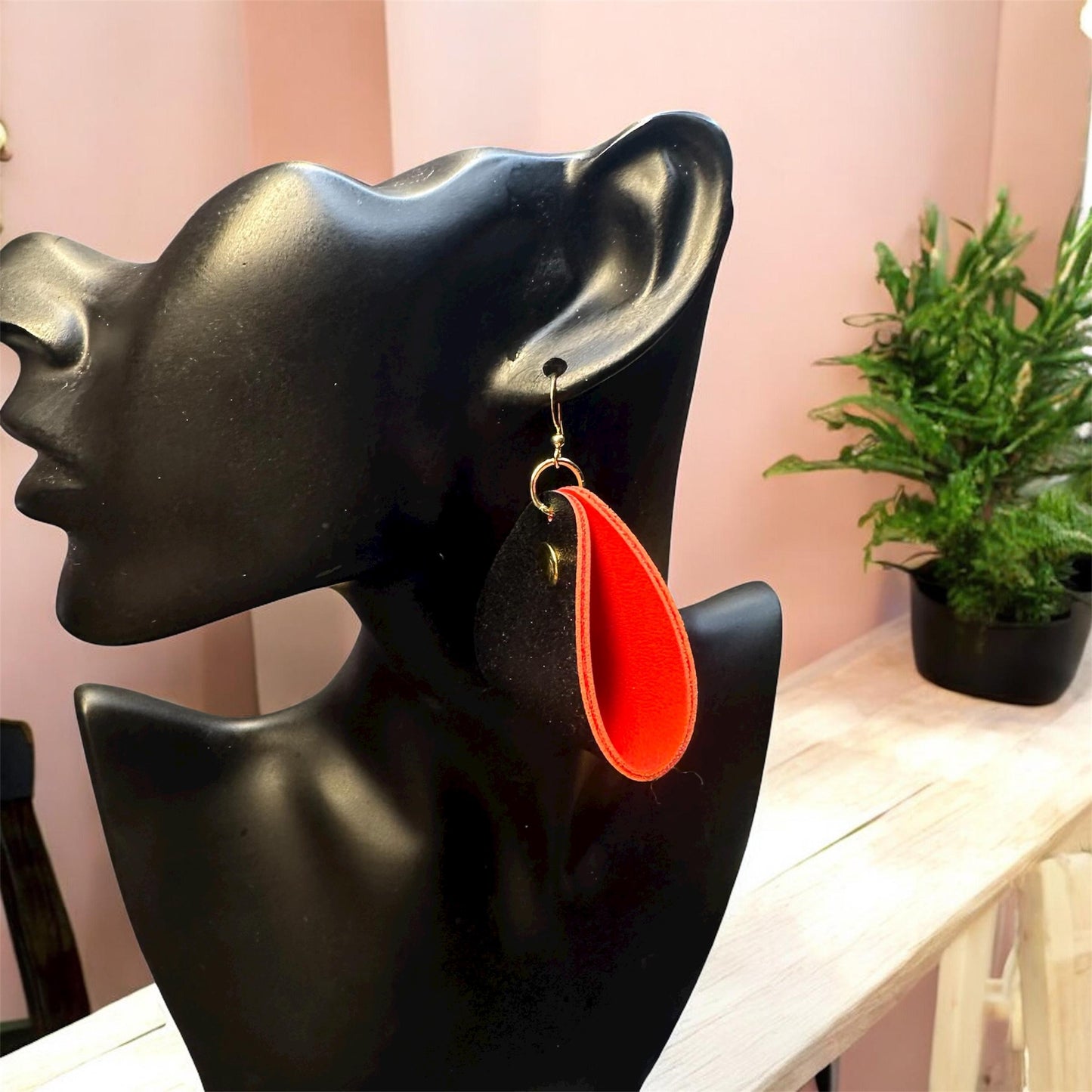 Red and Black Dangle Earrings with Gold Studs - Boho Hypoallergenic Hooks