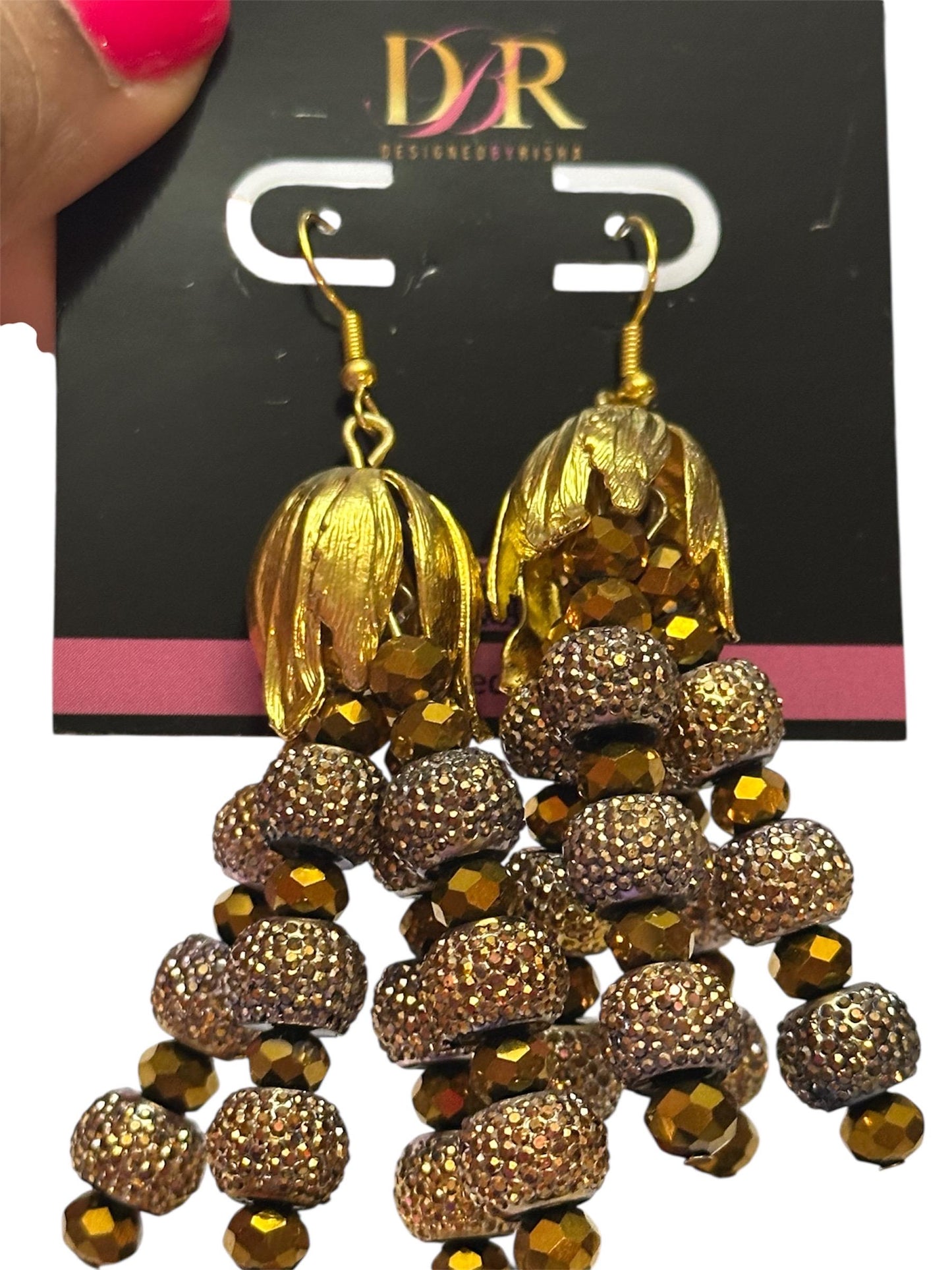Gold Beaded Sparkly Earrings: Bold Formal Dangle Jewelry