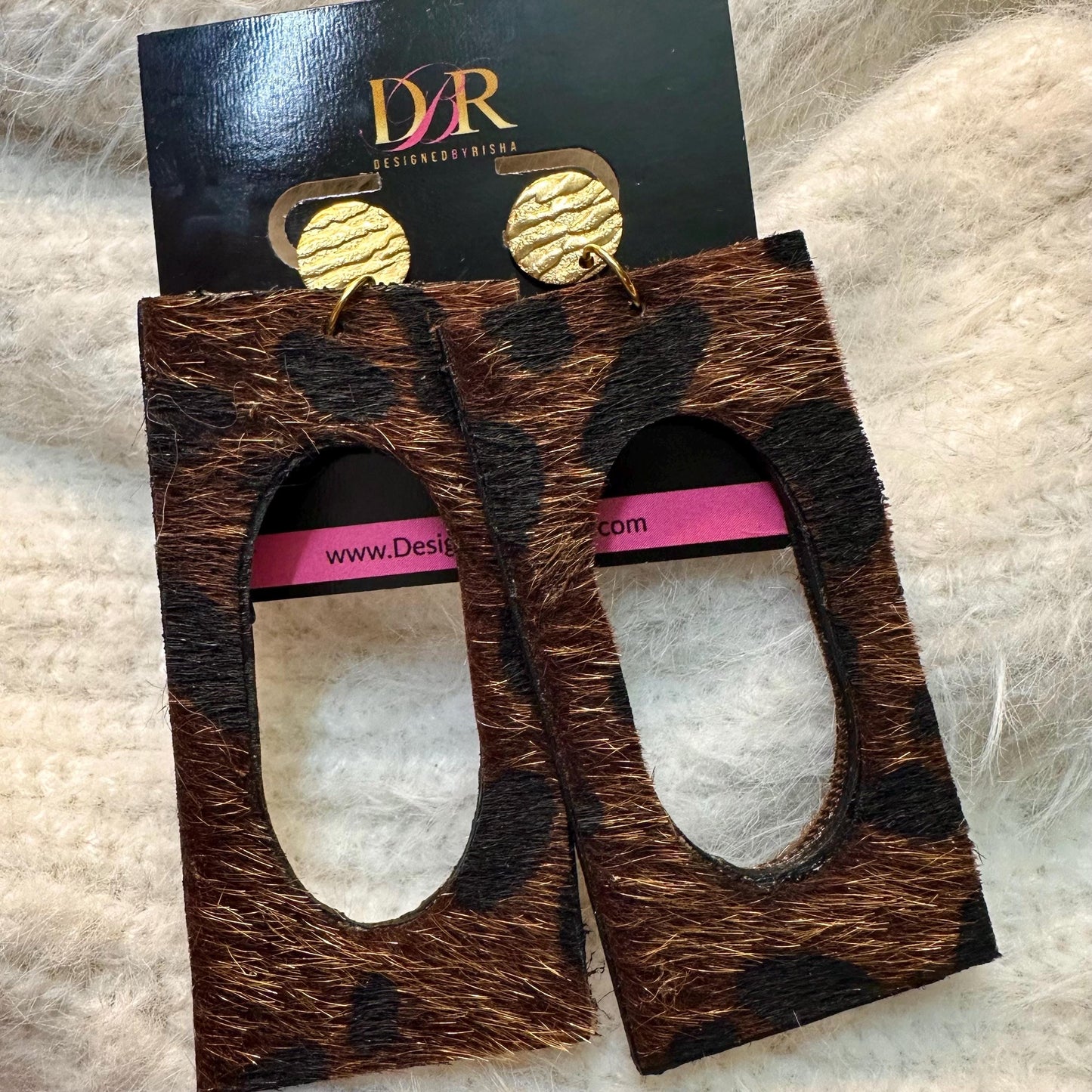 Brown Leopard Print Fur Earrings: Rectangular Wood, Jewelry for Her