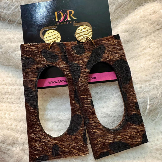Brown Leopard Print Fur Earrings: Rectangular Wood, Jewelry for Her