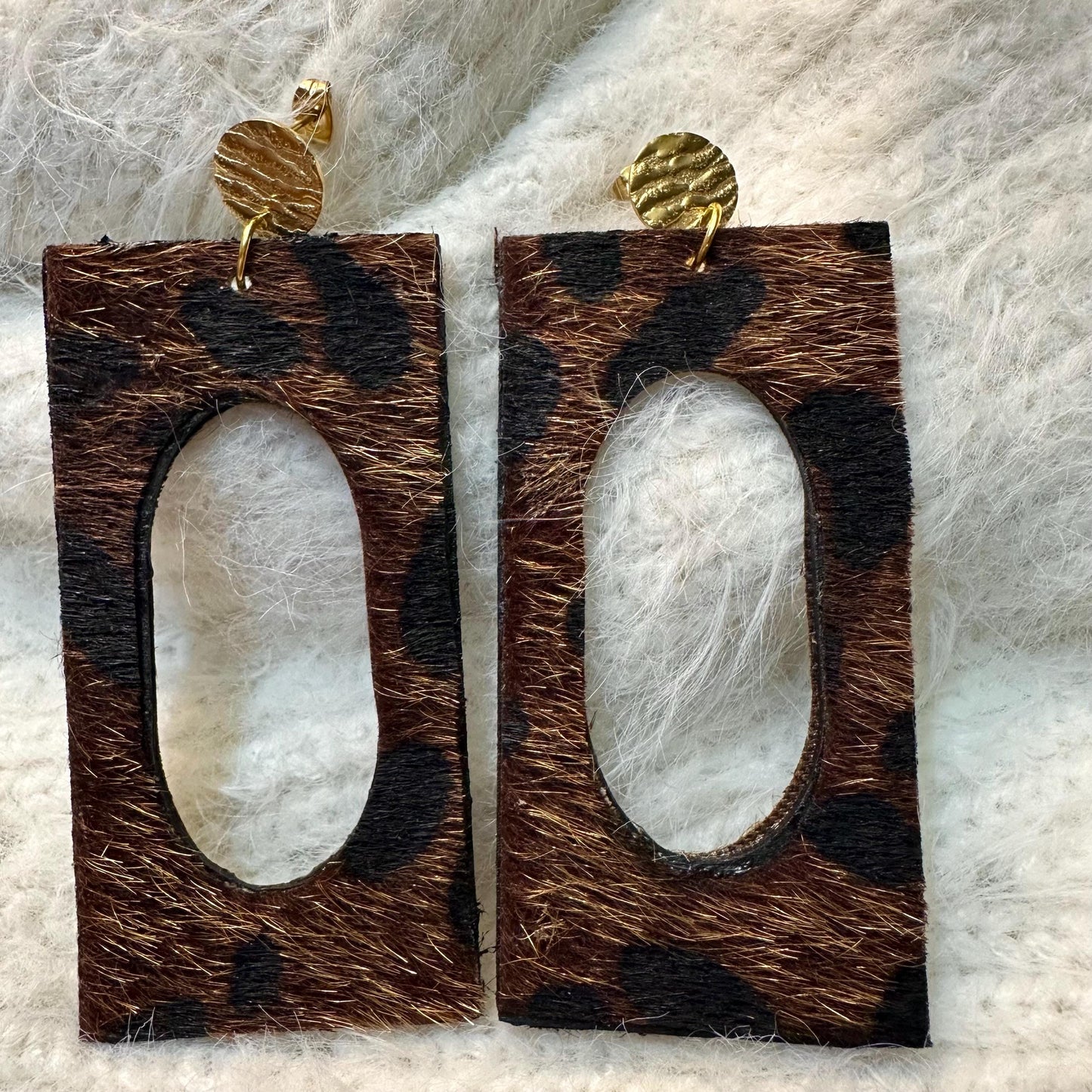 Brown Leopard Print Fur Earrings: Rectangular Wood, Jewelry for Her