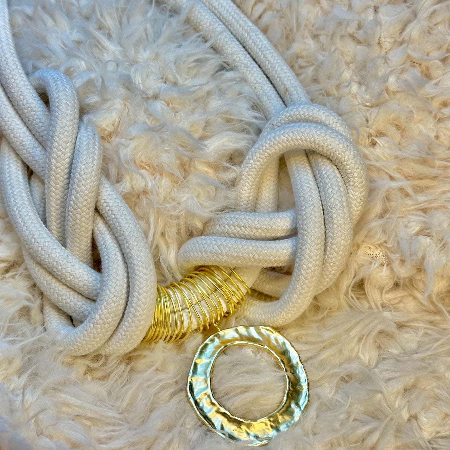 Chunky Natural Cord Boho Necklace: Tribal Knot Statement with Gold Pendant