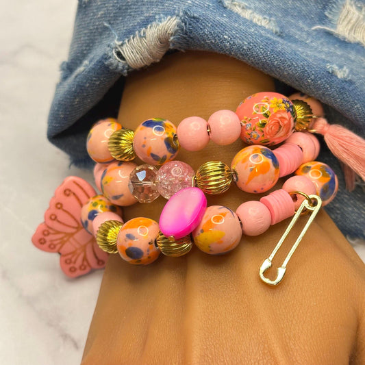 Preorder: Pink Stacked Bracelet, Chunky Bracelet with Charms, Gift for Women