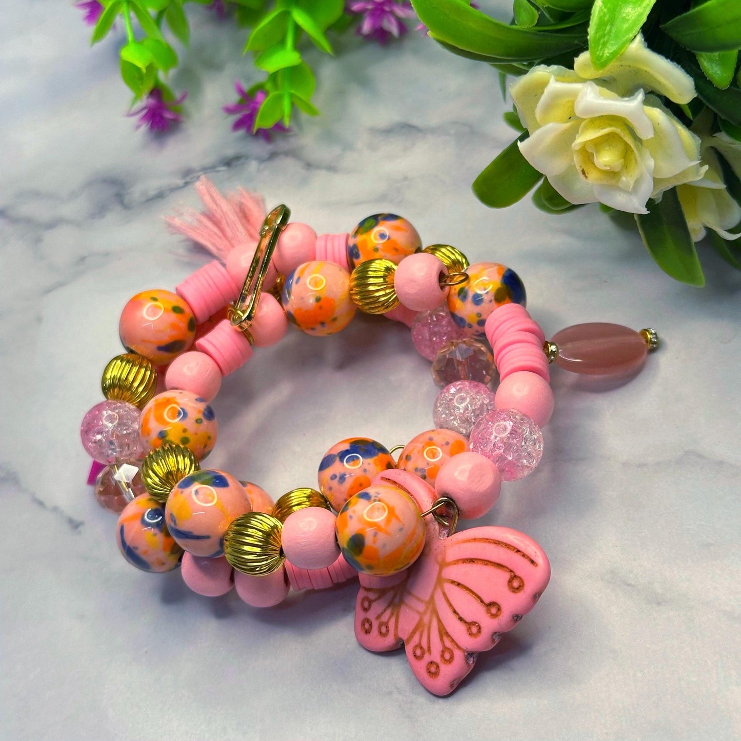 Preorder: Pink Stacked Bracelet, Chunky Bracelet with Charms, Gift for Women