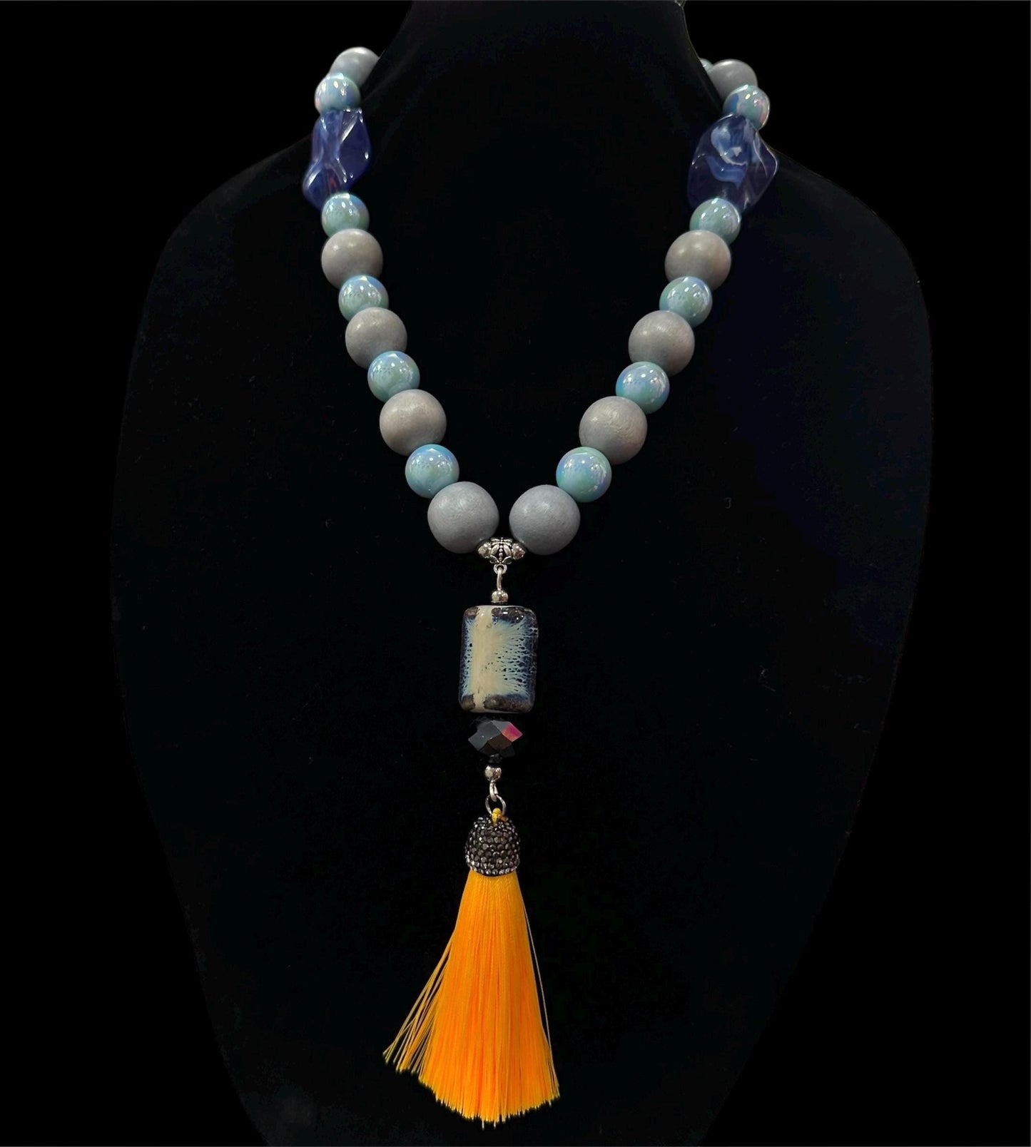Beaded Tassel Statement Necklace: Grey, Blue and Yellow Boho Fringe