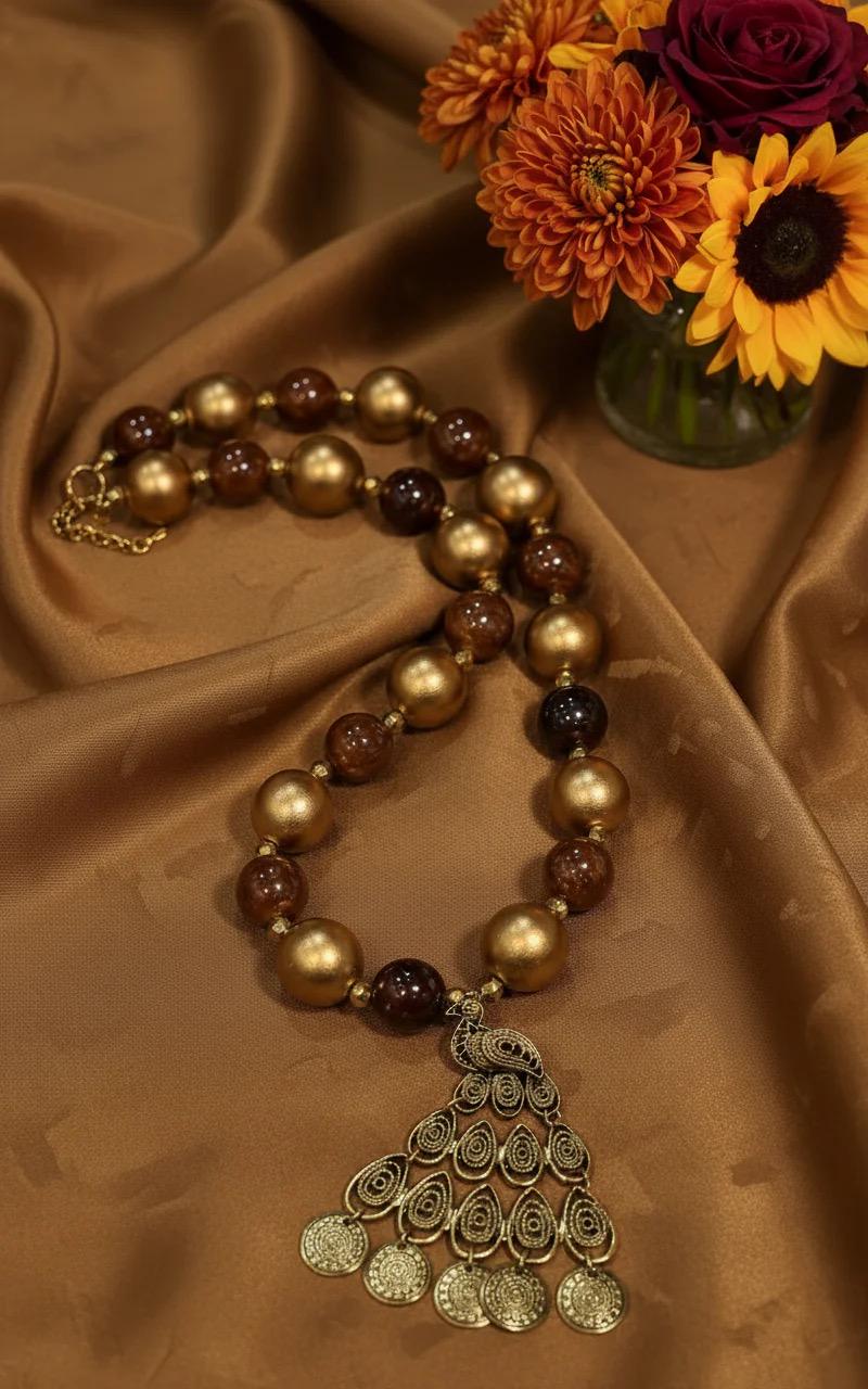 Brown Tribal Necklace with Gold Pendant: Wood & Ceramic Bead Jewelry