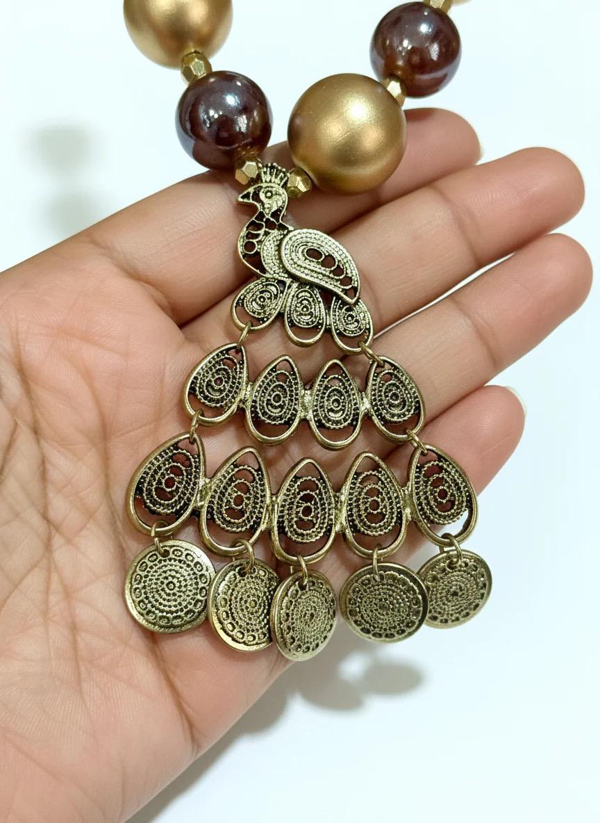 Brown Tribal Necklace with Gold Pendant: Wood & Ceramic Bead Jewelry