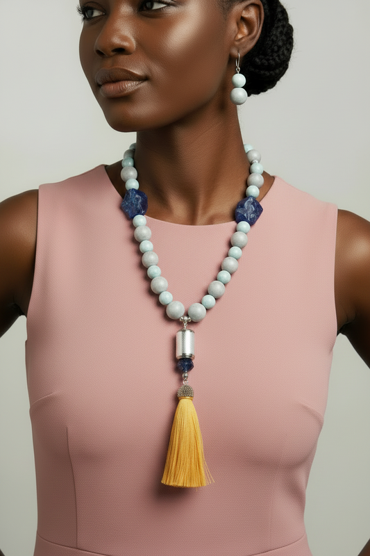 Blue Gray Boho Beaded Necklace with Yellow Fringe Pendant - Long Casual Necklace for Work