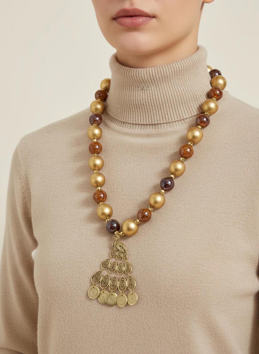 Brown Tribal Necklace with Gold Pendant: Wood & Ceramic Bead Jewelry