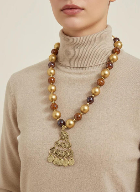 Brown Tribal Necklace with Gold Pendant: Wood & Ceramic Bead Jewelry