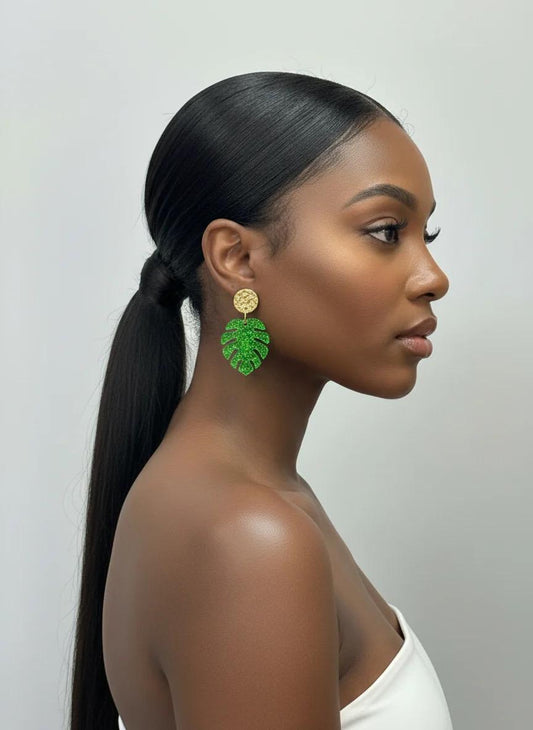 Green Monstera Leaf Resin Earrings: Gold Hammered Hypoallergenic Studs