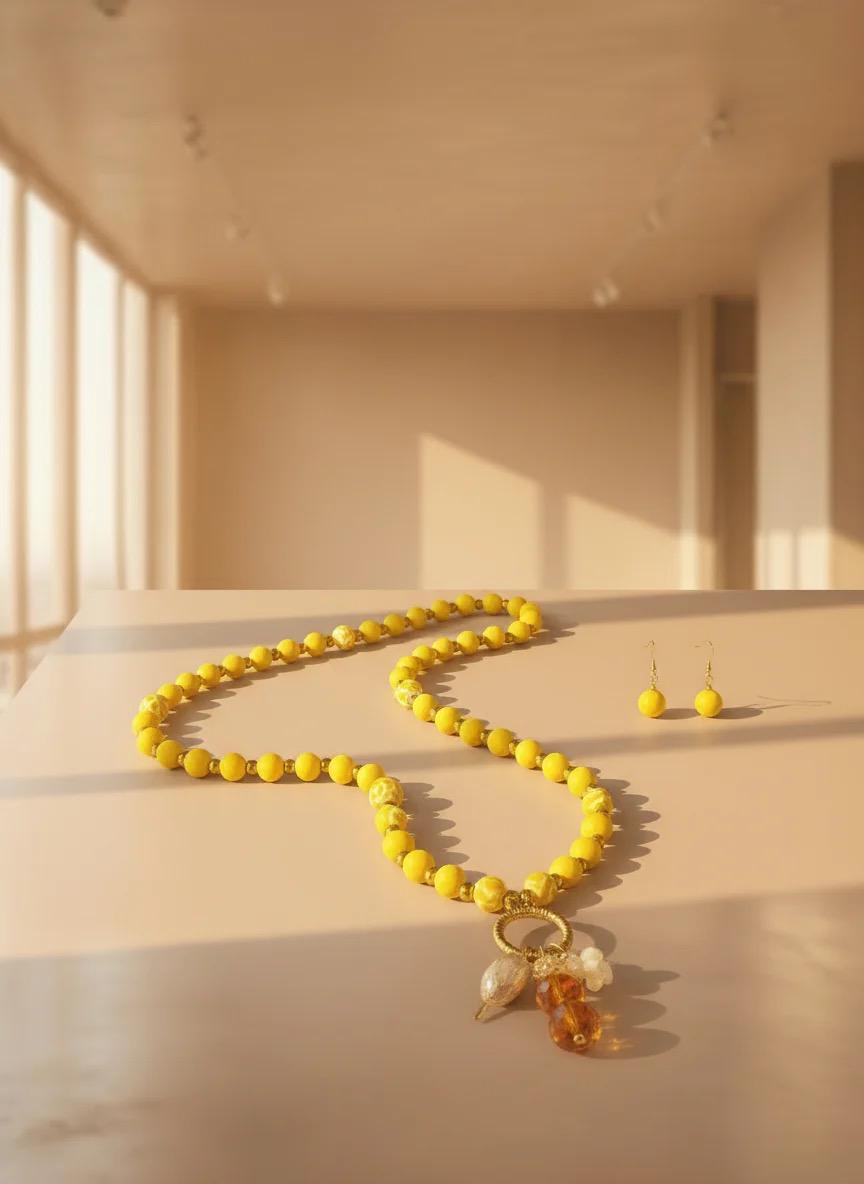 Boho Yellow Beaded Necklace, Long Statement Necklace for Women