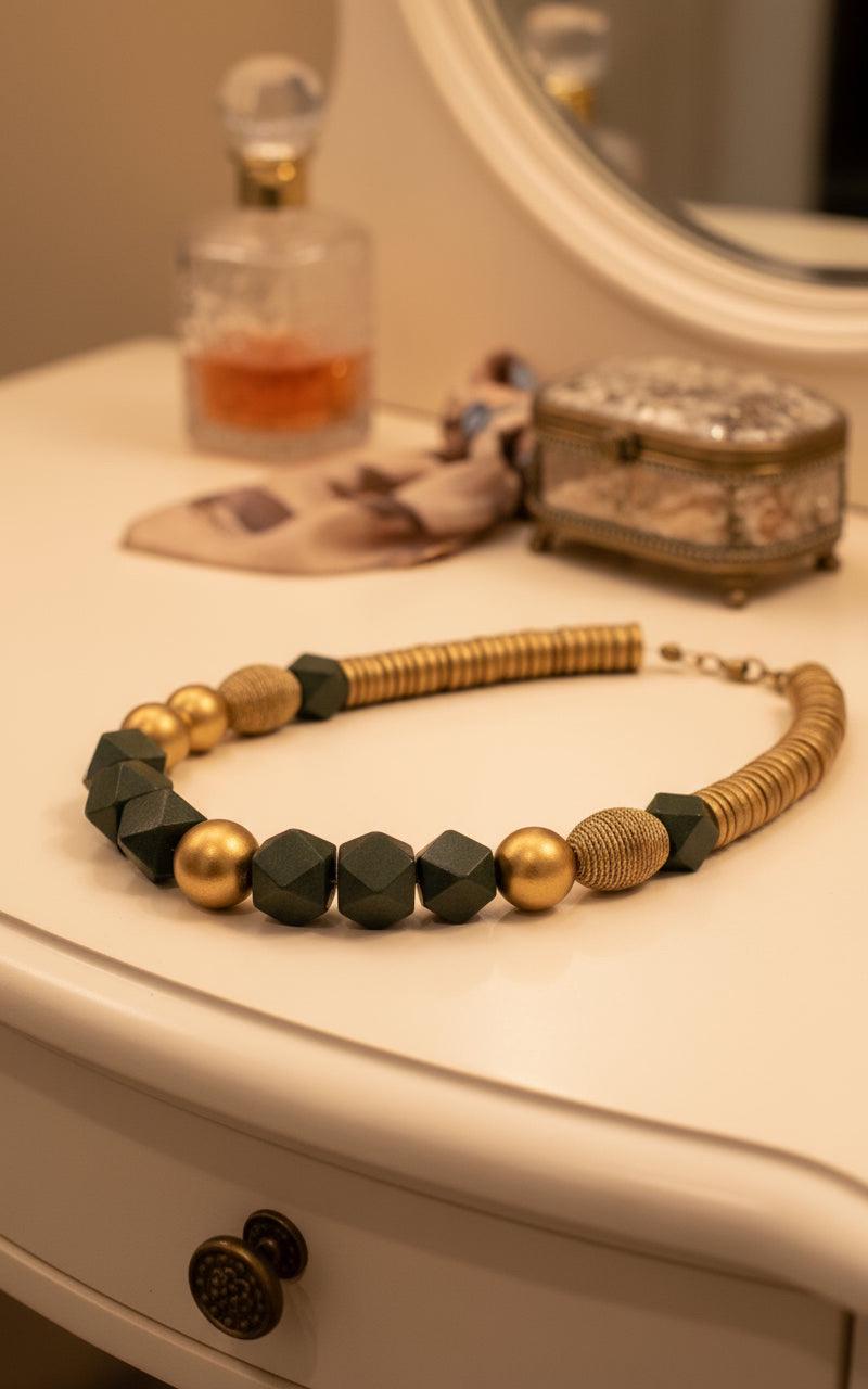 Gold and Green Geometric Handmade Necklace: Lightweight Tribal Beaded Jewelry