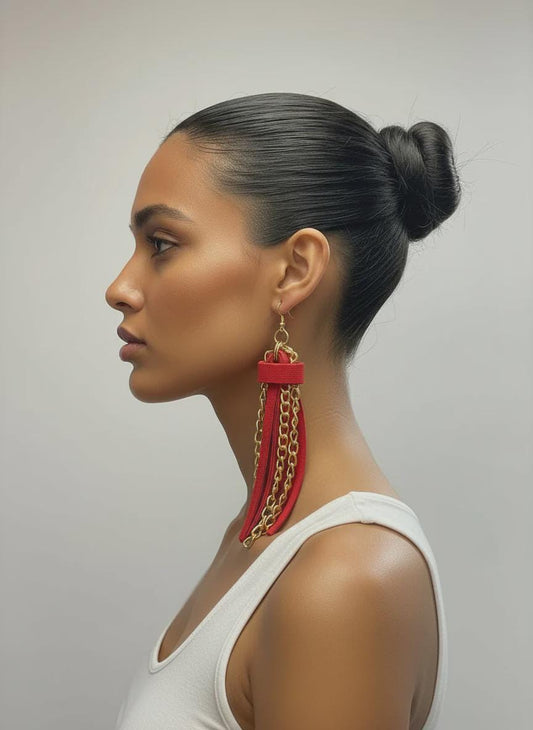 Fringe Gold Chain Red Suede Earrings – Long Dangle Jewelry for Women
