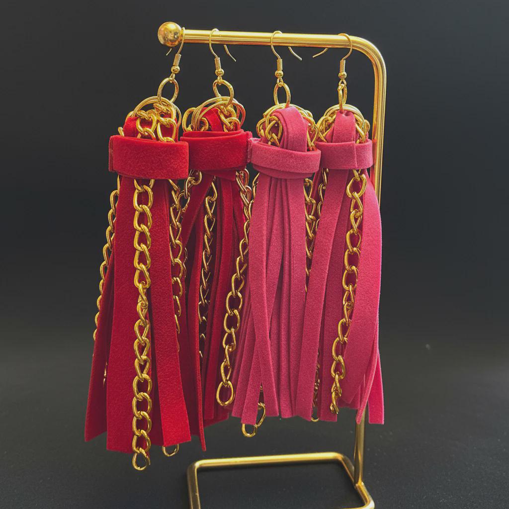 Fringe Gold Chain Red Suede Earrings – Long Dangle Jewelry for Women