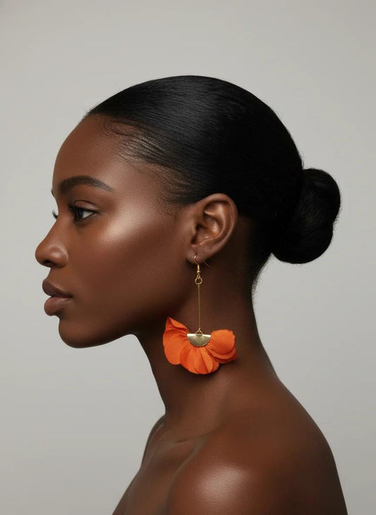 Floral Orange and Gold Dangle Earrings: Statement Jewelry for Women