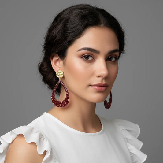 Burgandy Teardrop Earrings with Hammered Gold Studs - Resin Jewelry for Women